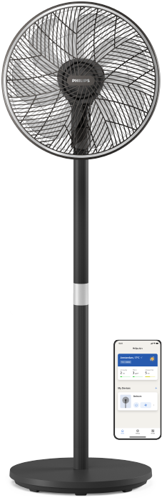 A Philips Pedestal Fan beside mini icons of the Philips Air+ App, against a light blue background.