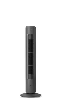A tall black Philips Tower Fan 5000 Series with an aromatherapy button in the front